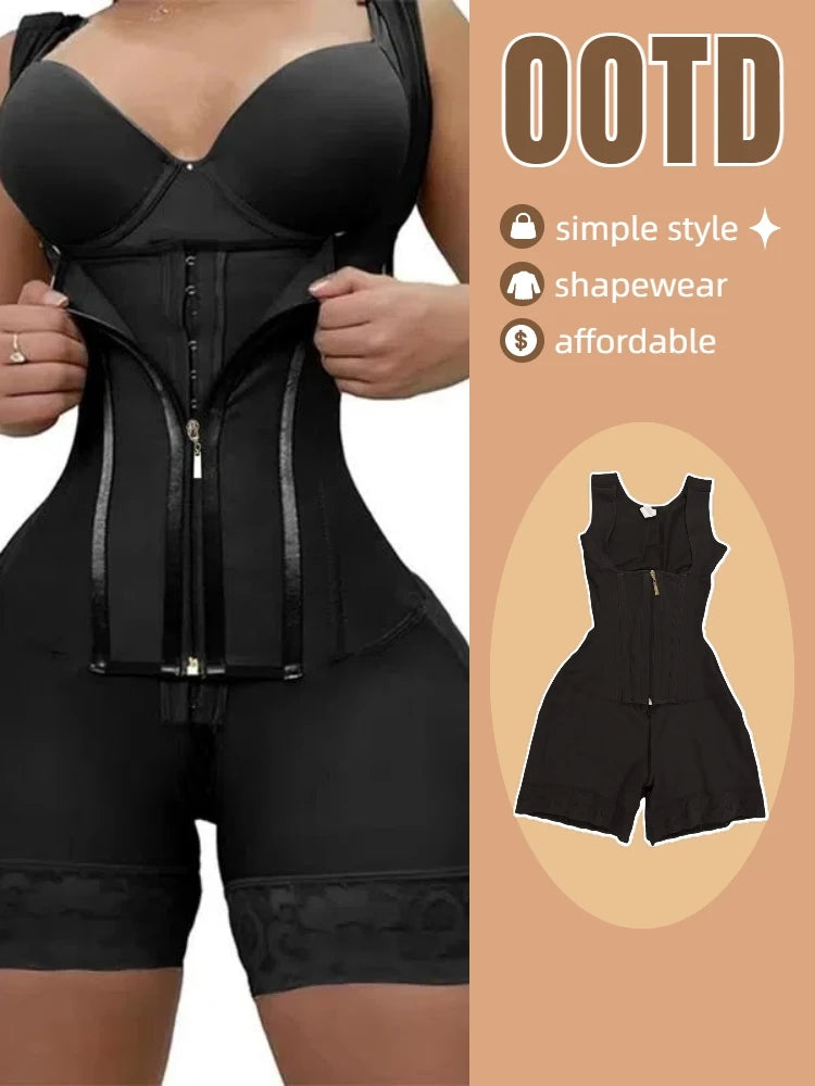 Superlative Lace Trimmed Bodysuit Shapewear Featuring Contoured Tummy Control Zipper