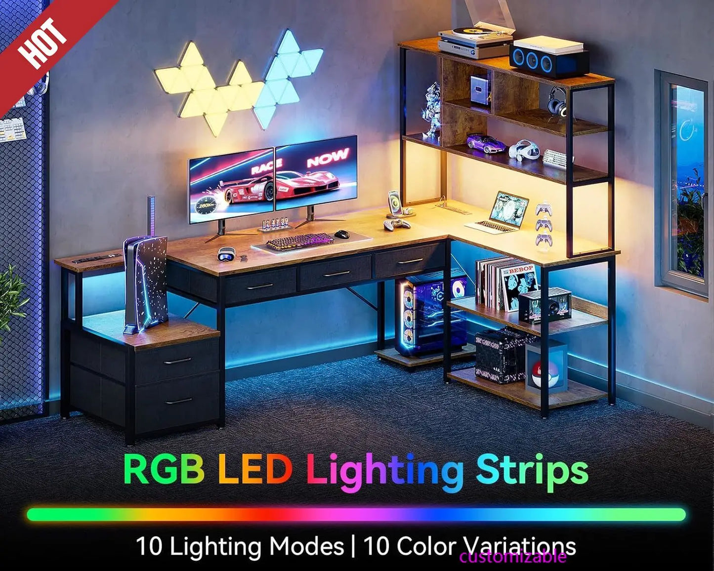 High-concerned L Shaped Computer Desk With Power Outlets LED Lights