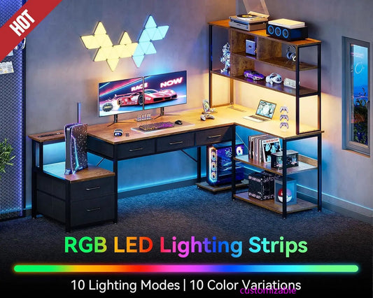 High-concerned L Shaped Computer Desk With Power Outlets LED Lights