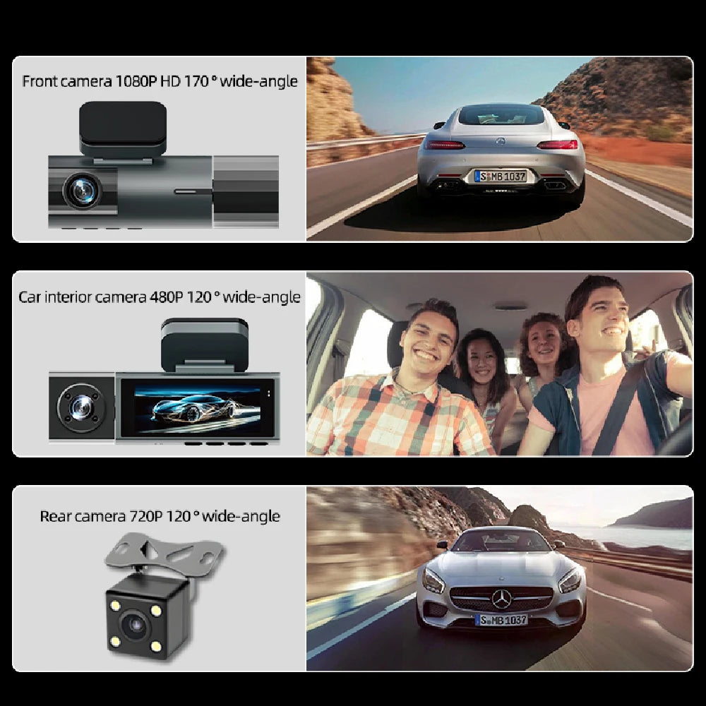 CAICYTO 1080P WiFi Car Dash Cam 3Way Front Inside Rear