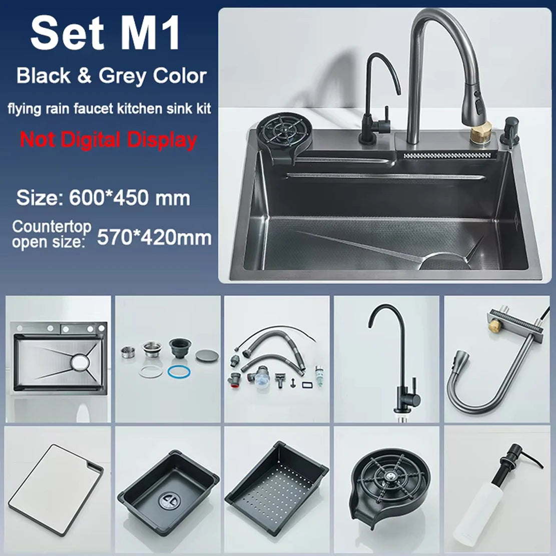 Stainless Steel Waterfall Kitchen Sink With Digital Display Undermount Faucet