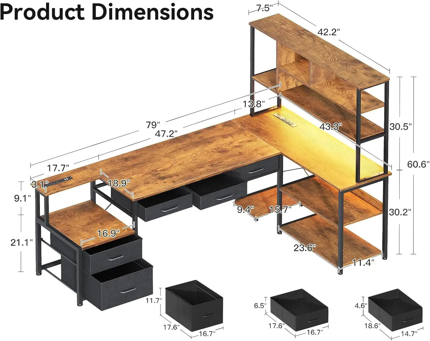 High-concerned L Shaped Computer Desk With Power Outlets LED Lights