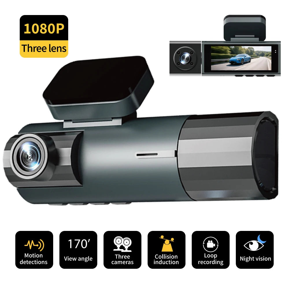 CAICYTO 1080P WiFi Car Dash Cam 3Way Front Inside Rear
