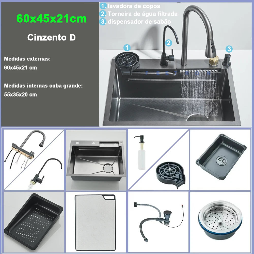 Shinesia 304 Stainless Steel Undermount Kitchen Sink With Waterfall Faucet