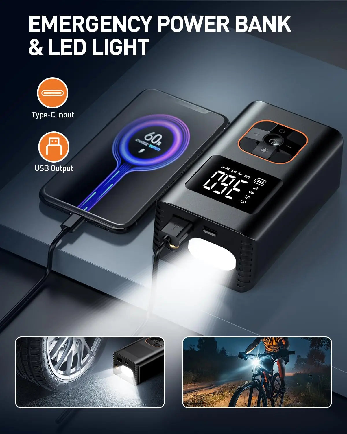 Cordless Portable Tire Inflator Air Compressor 150 PSI LED Light