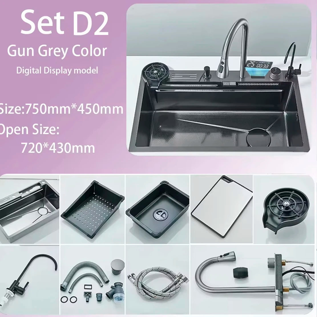 Certification Stainless Steel Kitchen Waterfall Sink With Digital Display