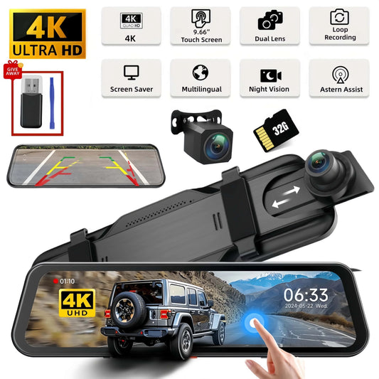 MUÜBAER IPS Mirror Dash Cam Front And Rear 4K Recording