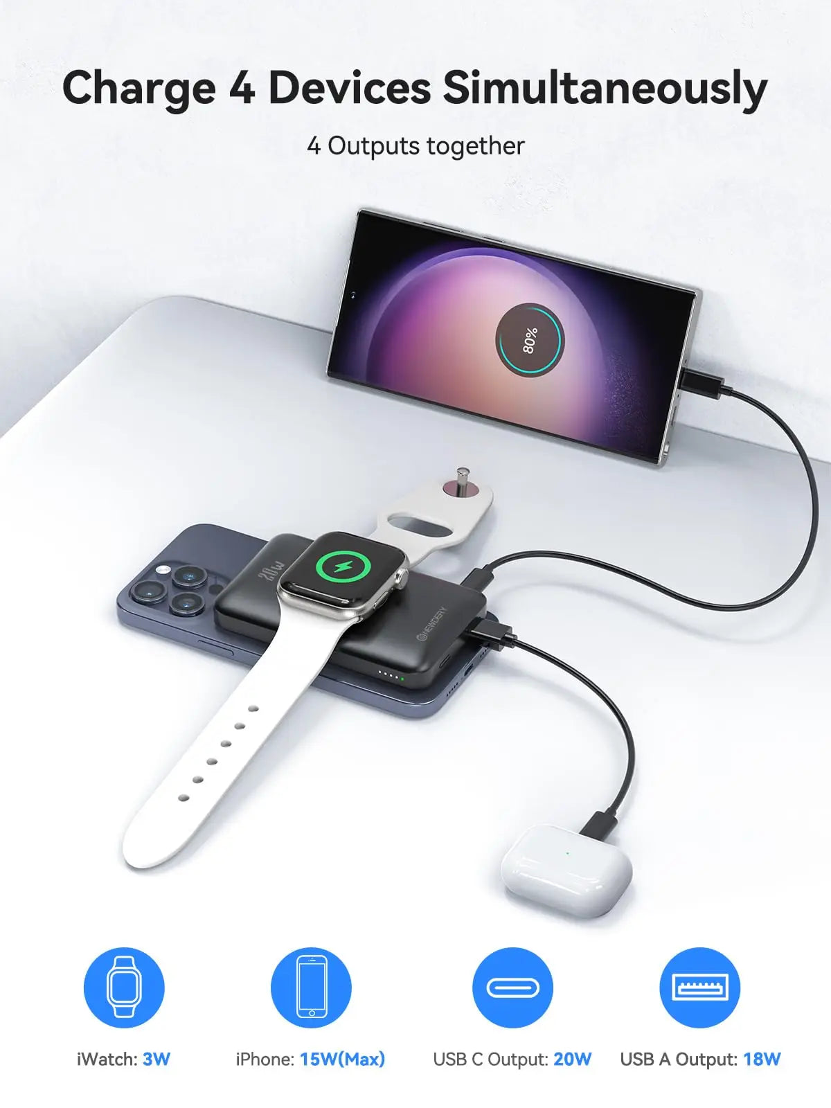 Newdery 10000mAh Magnetic Wireless Power Bank For Apple Watch Series 9 8 7 6 5 4 Ultra 2 And iPhone 16 15 Galaxy Phones