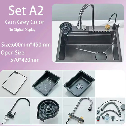 Stainless Steel Waterfall Kitchen Sink With Digital Display Undermount Faucet
