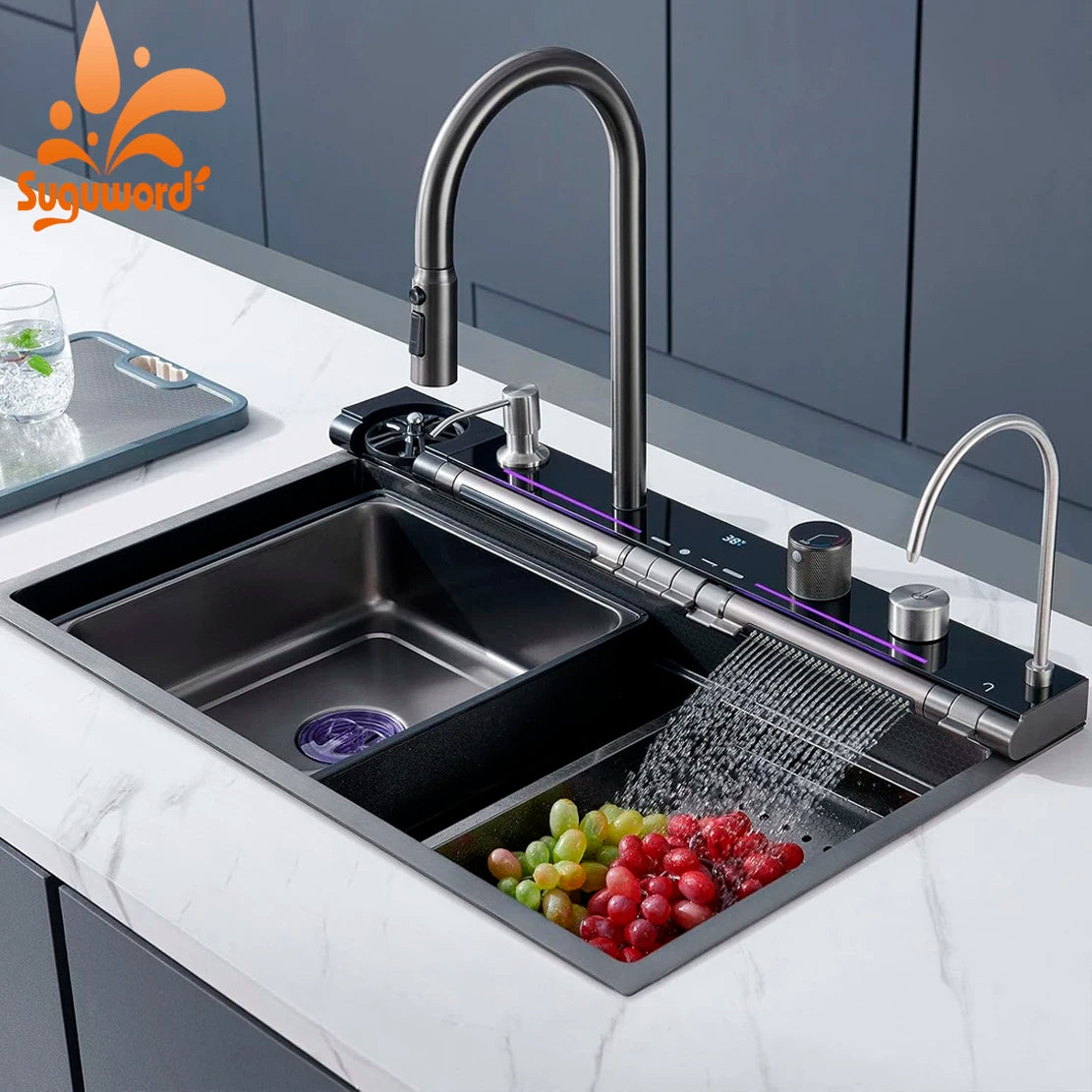 Stainless Steel Waterfall Kitchen Sink With Digital Display Undermount Faucet