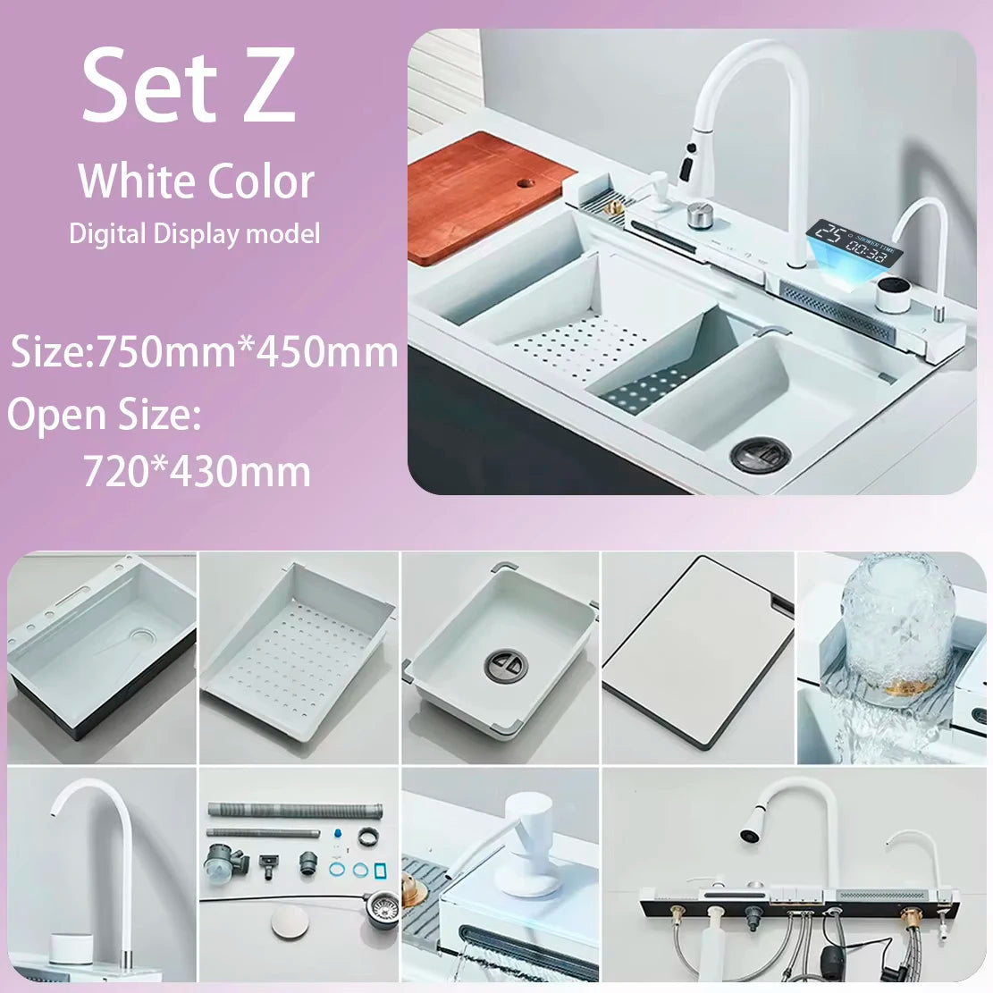 Stainless Steel Waterfall Kitchen Sink With Digital Display Undermount Faucet