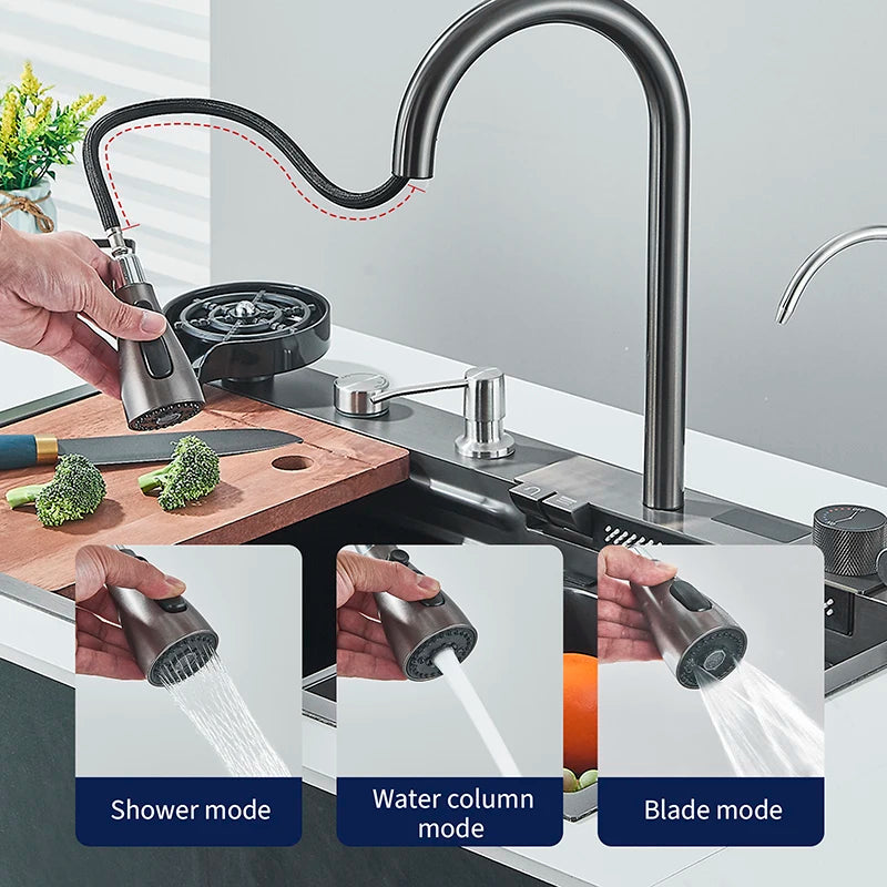 Shinesia 304 Stainless Steel Undermount Kitchen Sink With Waterfall Faucet