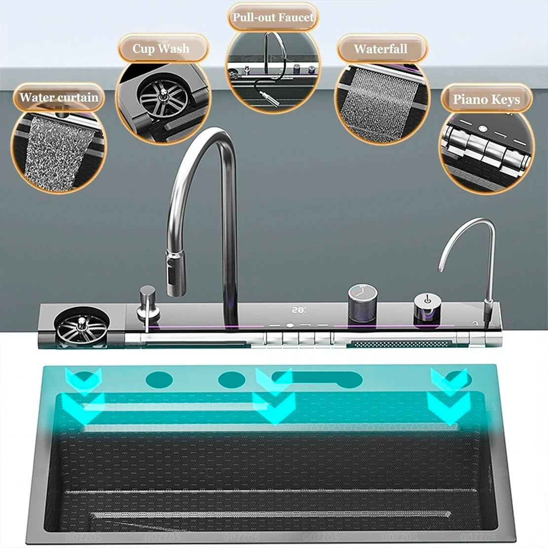 Stainless Steel Waterfall Kitchen Sink With Digital Display Undermount Faucet