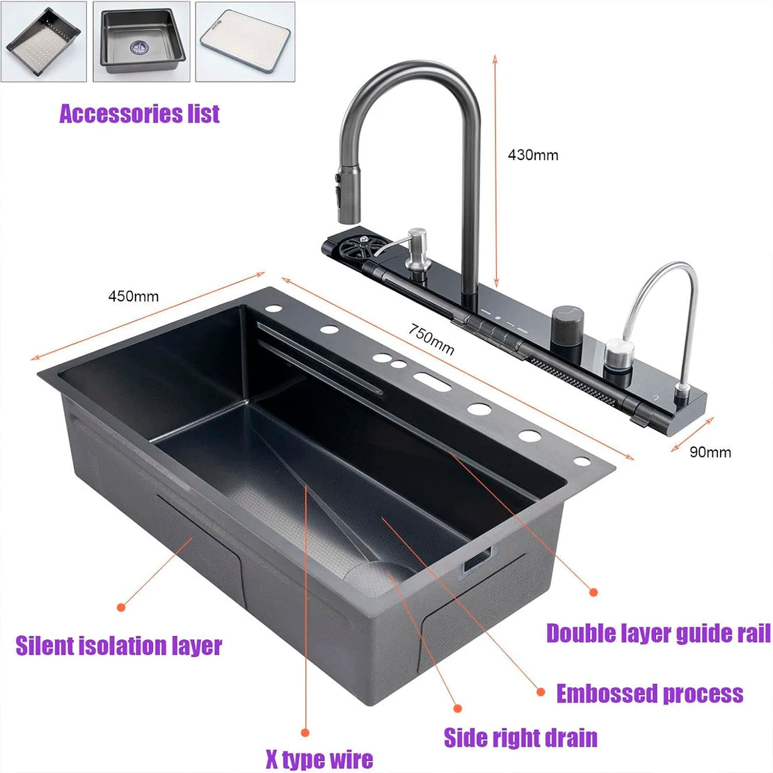 Certification Stainless Steel Kitchen Waterfall Sink With Digital Display