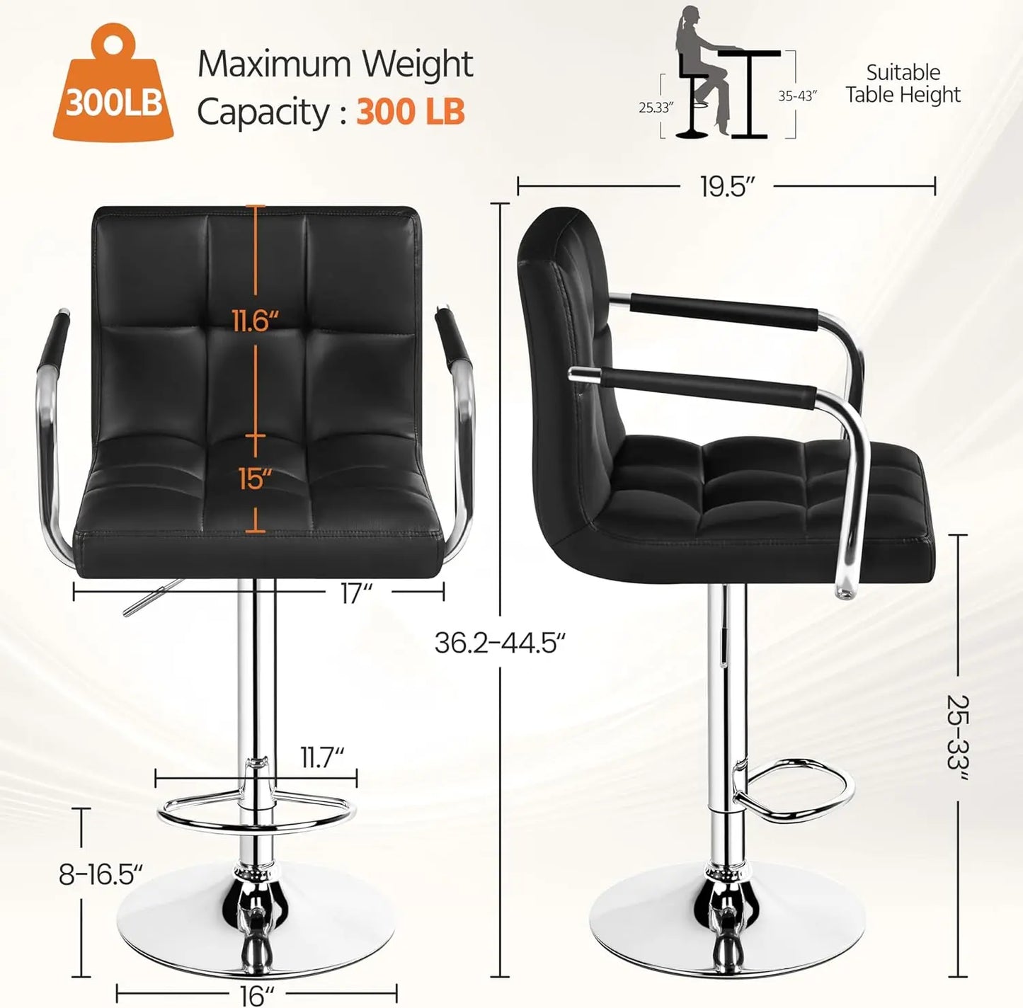 XMSJ Bar Stools Set Of 2 PU Leather Adjustable Swivel