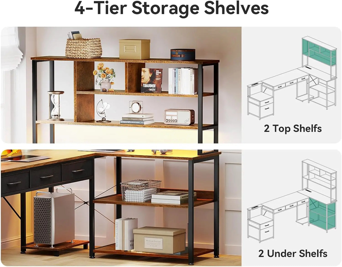 High-concerned L Shaped Computer Desk With Power Outlets LED Lights