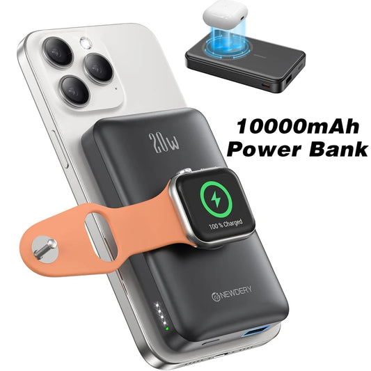 Newdery 10000mAh Magnetic Wireless Power Bank For Apple Watch Series 9 8 7 6 5 4 Ultra 2 And iPhone 16 15 Galaxy Phones