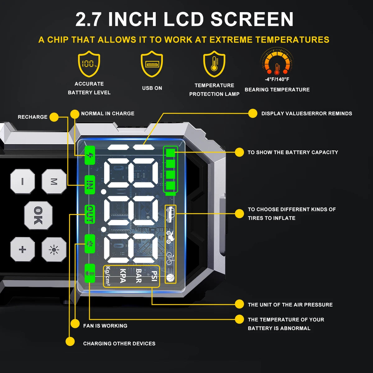 150 PSI Air Pump Car Jump Starter 7000A Power Bank Portable Emergency Booster USB LED Light