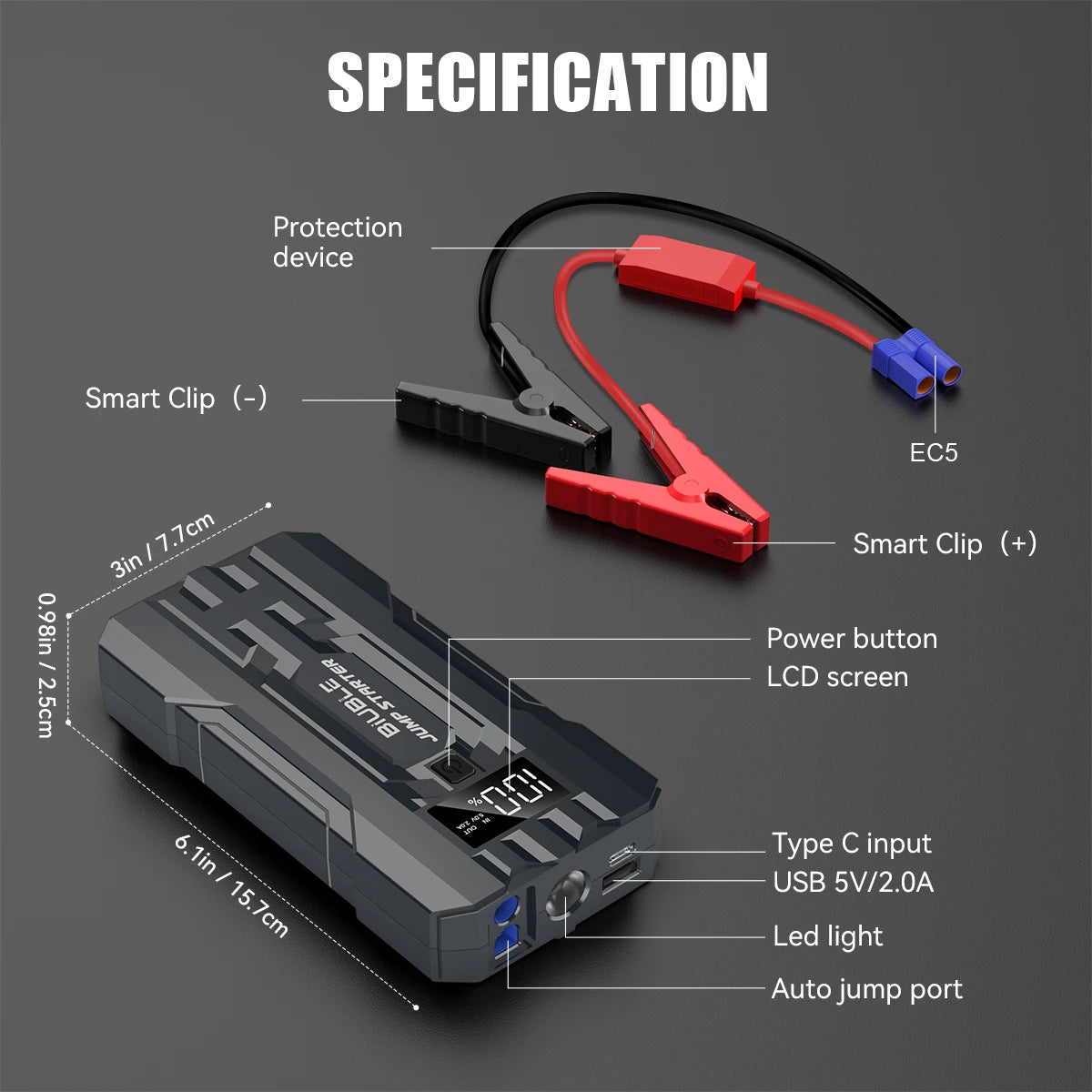 BIUBLE Car Jump Starter 3000A Peak 12V 25000mAh Booster Battery Charger Display
