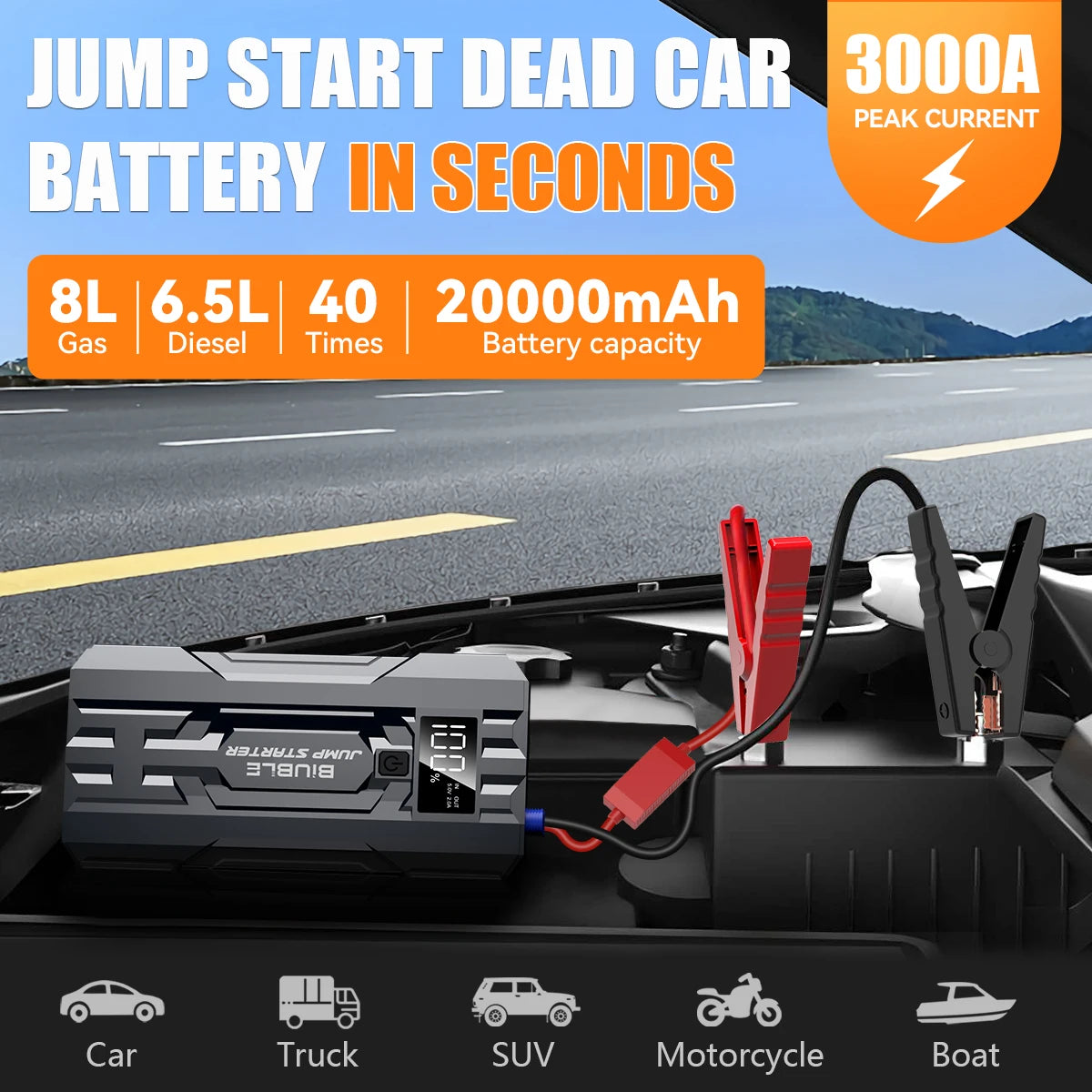 BIUBLE Car Jump Starter 3000A Peak 12V Booster Battery Charger