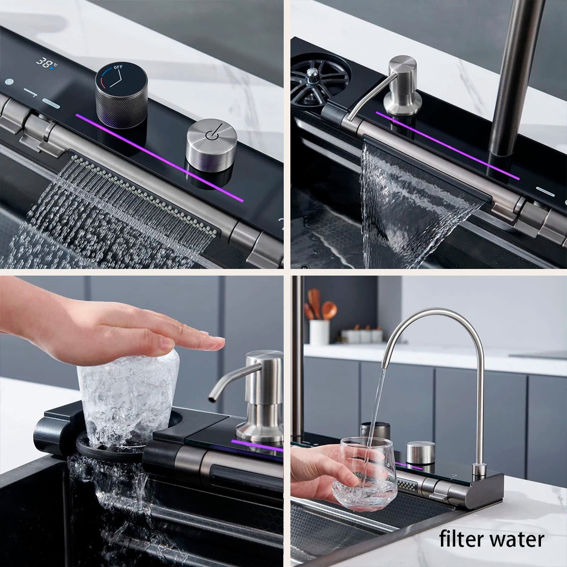 Stainless Steel Waterfall Kitchen Sink With Digital Display Undermount Faucet