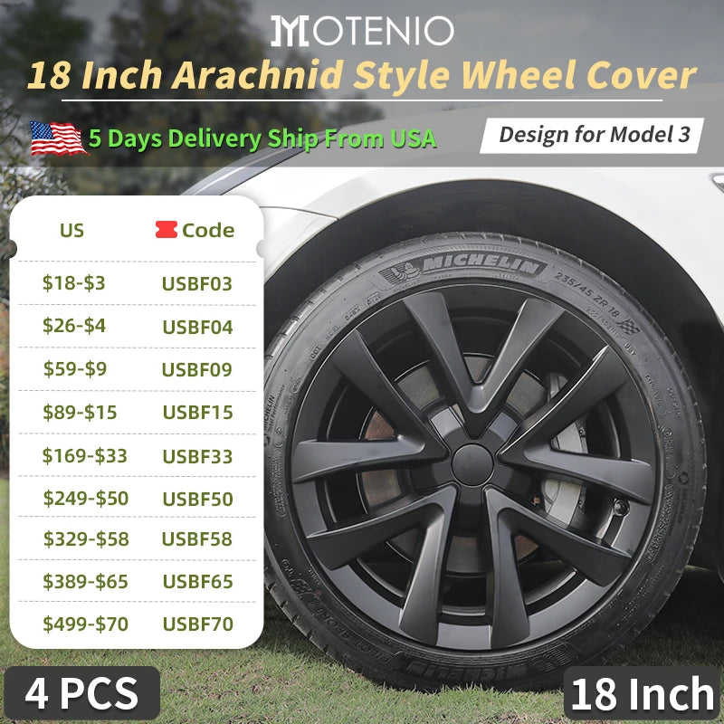 MOTENIO Tesla Model 3 Hubcaps Arachnid Wheel Covers 4 Piece